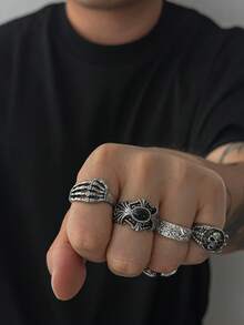 5pcs/Set Gothic Style Skull Gemstone Rings, Unique Hiphop Personalized Rings Jewelry Set For Men, Charm Jewelry Gift - Skull Wings Ring - View 2