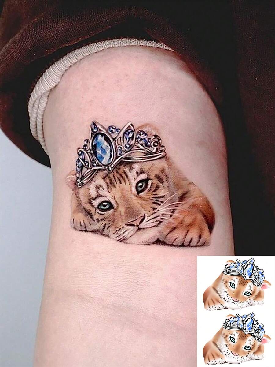 1张时尚皇冠老虎图案临时纹身贴纸，手工防水，可爱宠物主题氛围大腿/手臂纹身，防水防汗 - 彩色 - 查看 1