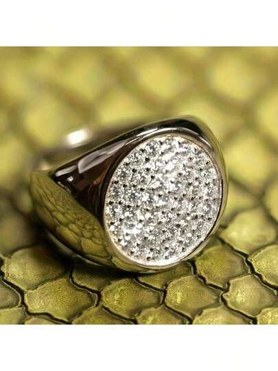 1pc Fashionable Cubic Zirconia Inlaid Hiphop Style Round White Gold Plated Engagement Ring For Men
