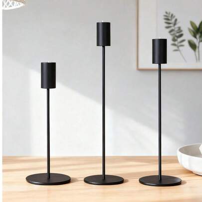 3Pcs Minimalist Gold & Black Metal Candle Holders - Elegant Tabletop Centerpieces For Weddings, Parties, Home Decor & Holiday Celebrations