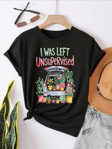 I Was Left Unsupervised Car Trunk Plants Graphic T-Shirt For Women, Oversized Crewneck Tees Casual Wear, Spring Cotton Tops Short Sleeve, Summer Basic Tees, Funny Clothes For Women - 黑色 - 查看 2