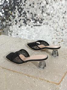 Women's Fashion Mesh Open Toe High Heel Sandals, Casual Comfortable Versatile Chunky Heel Black Slide Sandals - Black - View 6