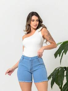 Women Denim Shorts - 淺色水洗藍 - 查看 3