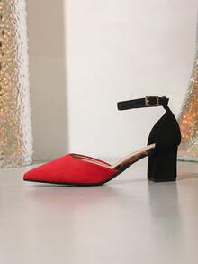 Nouvelles chaussures à talons hauts à bout pointu mode pour femmes, talons épais ajourés blocs de couleurs minimalistes décontractées et confortables pour le printemps/été - Multicolore - Voir 5