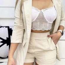 Women's Linen Tailored Set: Blazer + High-Waisted Shorts - Màu be - Xem 2