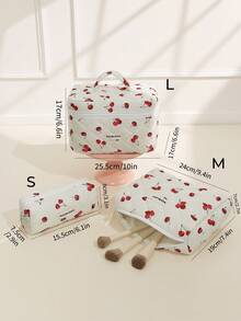 1件/套蝴蝶结玫瑰图案绗缝化妆包，时尚便携化妆包，多功能化妆品收纳手提包，带拉链化妆刷包，大容量洗漱旅行包 - 櫻桃 - 查看 5