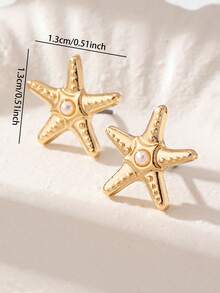 1 Pair Minimalist Starfish Shaped Earrings, Summer Beach Style Jewelry For Women - Gold - View 3