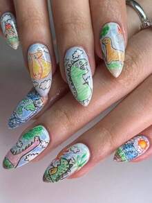 恐龙涂鸦杏仁形按压式美甲贴片，可爱卡通造型，配有指甲锉和果冻胶，可重复使用，适合儿童和女性 - 彩色 - 查看 1