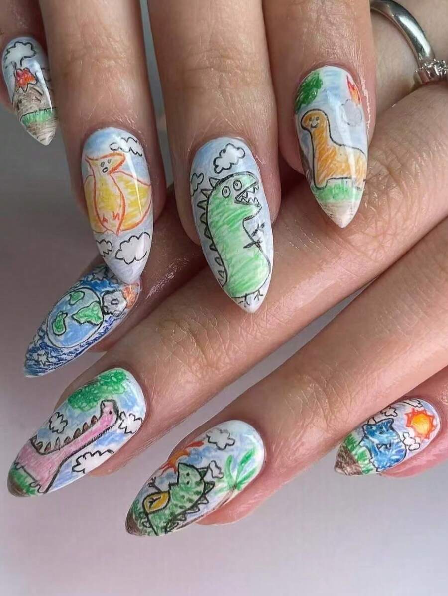 恐龙涂鸦杏仁形按压式美甲贴片，可爱卡通造型，配有指甲锉和果冻胶，可重复使用，适合儿童和女性 - 彩色 - 查看 1