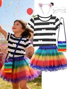 Girls' Shirt Dress Set, Birthday Party Outfit - Black and White - View 1