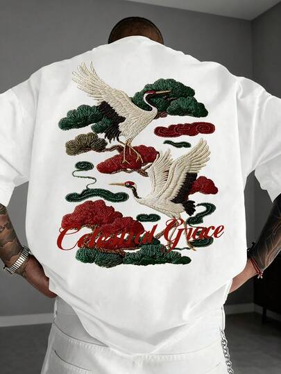 K-GLORY 男士休闲百搭简约仙鹤风景印花短袖T恤