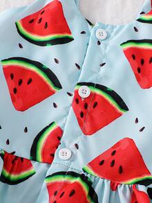 女婴西瓜印花荷叶边吊带上衣和浅绿色短裤两件套，可爱清新的夏季服装 - 薄荷綠 - 查看 4