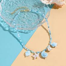 1 PC Lady Bohemian Color Ribbon Woven Pendant Necklace Shell Starfish Ceramic Fish Pendant Necklace - Màu xanh nhạt - Xem 2