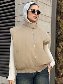 DAZY Women Solid Color Zipper Loose Pocket Jacket Summer Vest - Khaki - View 1