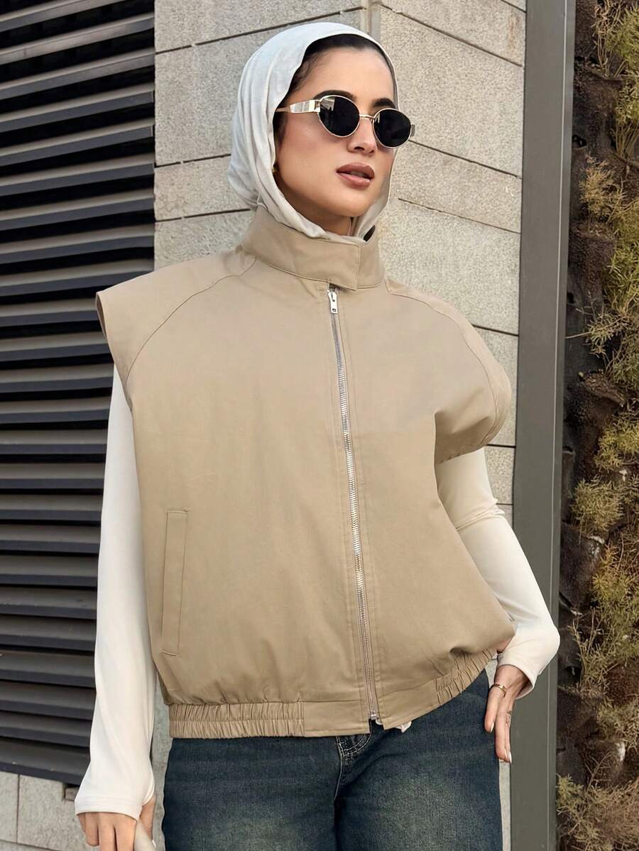 DAZY Women Solid Color Zipper Loose Pocket Jacket Summer Vest - Khaki - View 1
