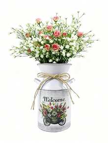 Jarrón de hierro forjado retro, jarrón de flores con estampado "Bienvenido" de estilo campestre, jarrón decorativo con doble asa de cuerda para arreglos florales, adecuado para ramos de flores realistas, cubeta de flores, pieza de decoración floral de escritorio del hogar, recipiente de decoración suave de estilo nórdico - 1PC - Ver 10