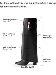 Women's High Heel Knee-High Boots Fold Over Cuff Padlock Pointed Toe Side Zipper Y2K Party Festival Tall Boots - BLACK-PU - View 2