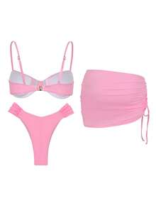 2026 Summer Women's Sexy Pink Bikini Set 3pcs, Including Drawstring Beach Mini Skirt, Suitable For Vacation, Pool Party - Pink - View 5
