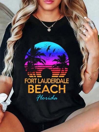 100% Cotton Fort Lauderdale Beach Florida Retro Vintage Sunset Graphic T-Shirt Women's Vintage Relaxed Fit Tee Premium Soft Tops Printing Round Neck Fashion Shirts