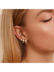 3pcs/Set Thick Gold-Tone Earrings, Minimalist Design, Suitable For Women's Daily Wear, Outings And Party Events - Multicolor - View 3