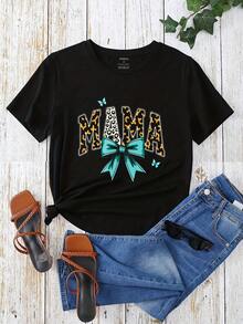 Mama Leopard Print Bow Butterflies Graphic T-Shirt For Women, Oversized Crewneck Tees Casual Wear, Spring Cotton Tops Short Sleeve, Summer Basic Tees, Funny Clothes For Women - 黑色 - 查看 2