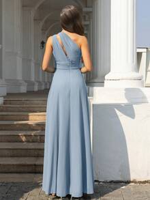 Volly Toych Modest Elegant Sleeveless Chiffon Maxi Bridesmaid Dress With Asymmetricalv Neck And Draped Knot Detail, , Wedding Guest Dress - Dusty Blue - View 2