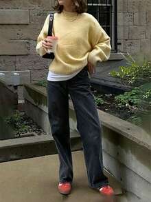 1pc Solid Color Knitted Ribbed Crew Neck Sweater, Suitable For Office, Home, Daily Wear In Autumn, Women Winter Sweater - Yellow - View 4