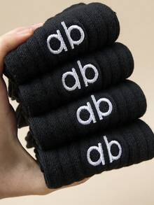 5双/10双装女士中筒袜，黑白刺绣字母图案，防臭吸湿运动风长袜，时尚百搭休闲长袜，适合春夏穿着 - 彩色 - 查看 3