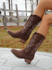 2026 New Women's Casual Fashion Square Toe Embroidered Chunky Heel Western Boots - Coffee Brown - View 1