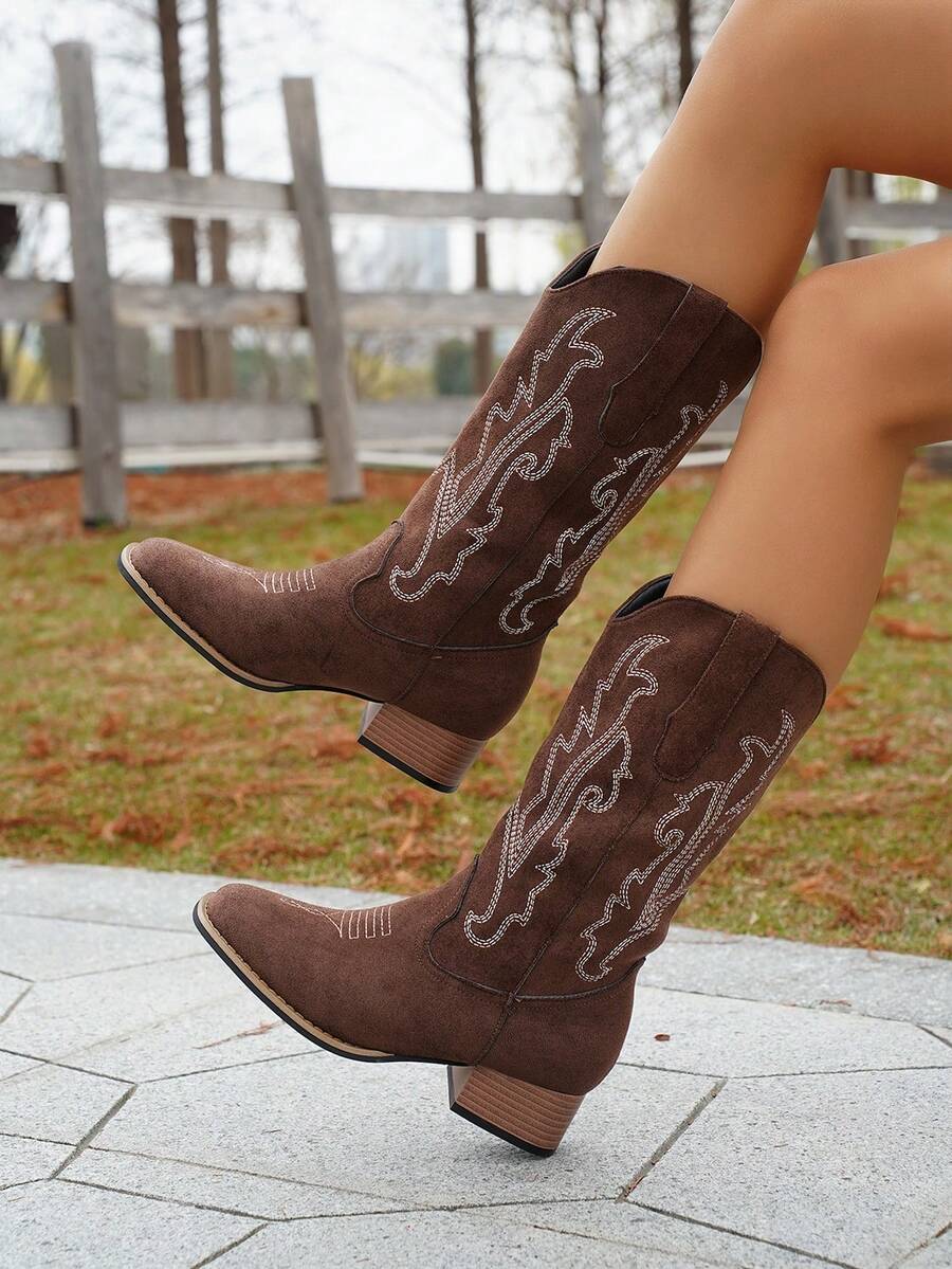 2026 New Women's Casual Fashion Square Toe Embroidered Chunky Heel Western Boots - Coffee Brown - View 1