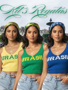 Set Of 3 Women's Cropped Tank Tops, Brazilian Style, Modal Knit, U-Neck, Spaghetti Straps, Summer, Carnival, World Cup - 藍/白/綠 - 查看 2