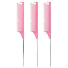 3-Piece Hair Styling Comb Set: Long Steel Pin Tail Combs For Parting & Teasing - Pink - Pink - View 4