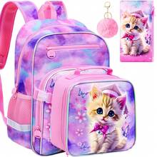 Tres piezas con estampado de gato rosa, equipado con una bolsa de almuerzo y un estuche para lápices. La bolsa de almuerzo se puede sujetar a la mochila. Adecuado para la escuela, los viajes y las mochilas de los niños. - Mochila - Ver 13