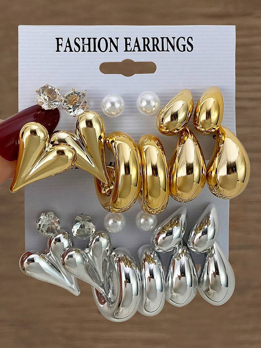 VKME 12pcs Metal Heart & Pearl C-Shaped Clip-On Earrings, Casual Style - XH9285177-88 - View 1