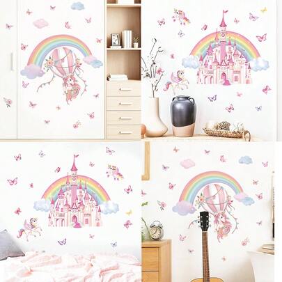1/2pcsRainbow Dream Castle Unicorn Butterfly Wall Stickers, Removable Self-Adhesive PVC Waterproof, Suitable For Children's Rooms, Cabinets, Doors, Living Room Decorations, And Party Gifts.