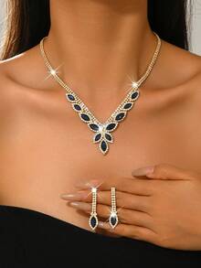 1 套时尚黑钻首饰套装、项链和耳环，适合女士晚会佩戴 - 銀色 - 查看 3