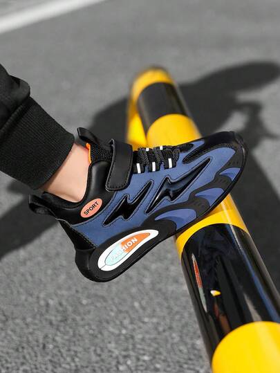 1 Pair Children's Sports Shoes, Lightning Logo PU Leather Design, High-Top Comfortable Flat Bottom, Fashion Casual Lightweight Soft Hook And Loop Non-Slip Wear-Resistant, Cool Running Shoes Suitable For Daily Wear