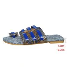 Dép xỏ ngón nữ mùa hè mới, chất liệu denim phối nhiều mảnh, đế bằng, mũi tròn đính đá, kiểu dáng thường ngày, đa năng cho mùa xuân/hè. - Màu xanh hải quân - Xem 7