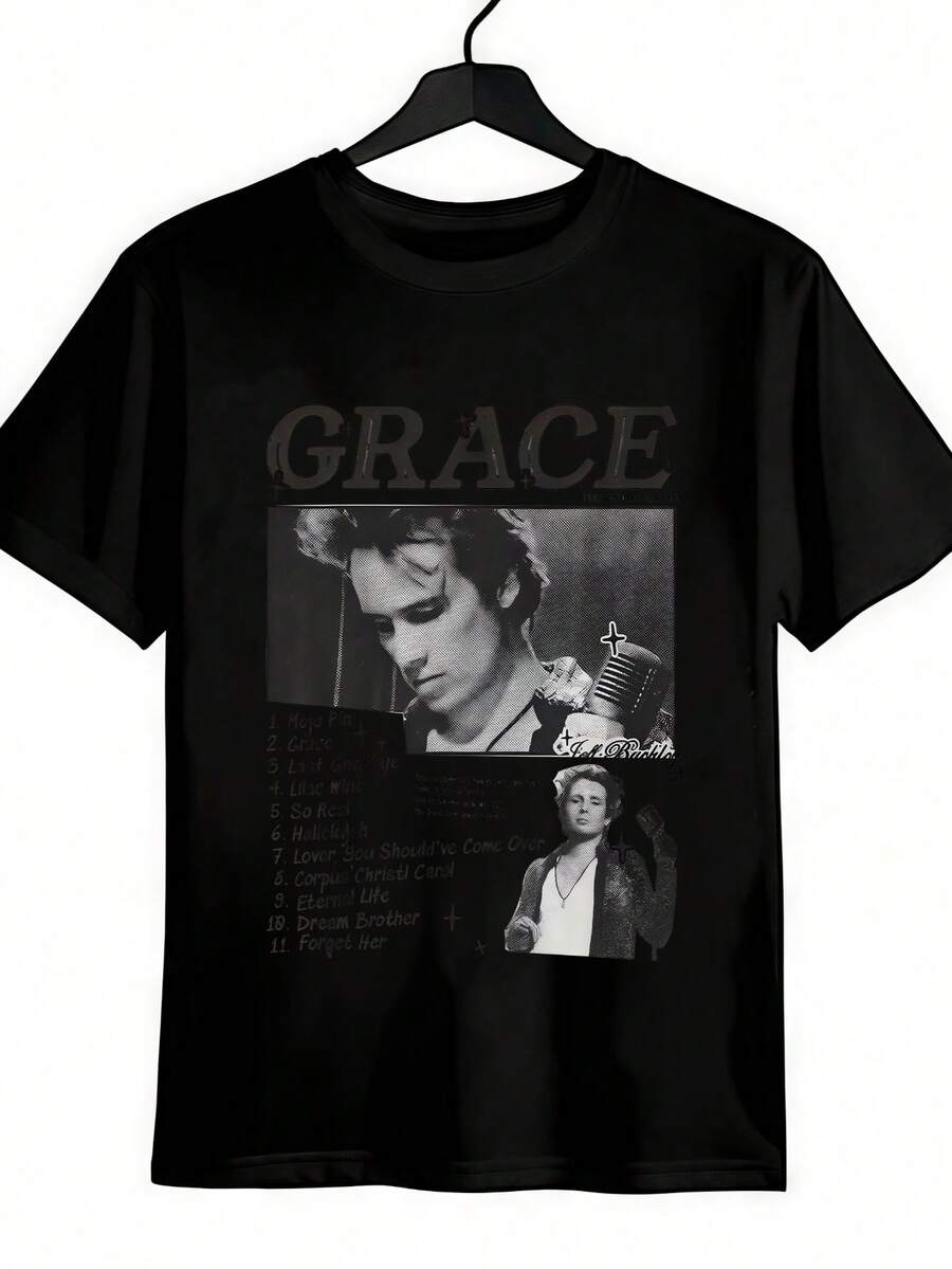 Jeff Buckley Shirt Suitable For All Seasons, Casual Style, Slight Stretch Fabric, Regular Fit,Men'S 100% Stretch Crew Neck Eavyweight 200gsm Pure Cotton T-Shirt - 黑色 - 查看 1