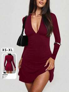 Sexy & Fashionable Ruched V-Neck A-Line Long Sleeve Mini Dress, New Arrival For Autumn - Red - View 1