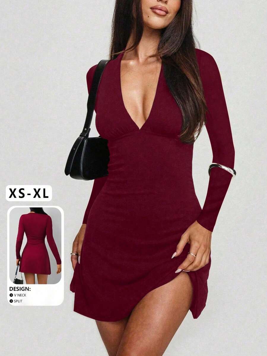 Sexy & Fashionable Ruched V-Neck A-Line Long Sleeve Mini Dress, New Arrival For Autumn - Red - View 1