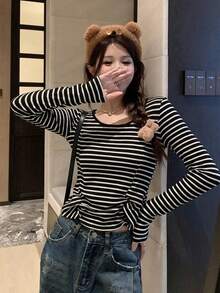 Autumn/Winter Ruched Striped Cropped Fitted Base Layer Long Sleeve Top For Women - 23QH1356 Black and White Stripes - View 2