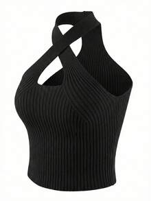 法式交叉吊带细肩带吊带背心，修身无袖露脐上衣，女士春夏款 - 黑色 - 查看 2