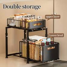 2-Tier Pull Out Cabinet Organizer-Cabinet Storage Rack Easy Sliding Storage Rack For Kitchen And Bathroom Sinks Heavy-Duty Carbon Steel Kitchen & Bathroom Storage Shelf With Adjustable Shelves, Hooks & Sliding Drawers - Space-Saving Cabinet Organizer For Utensils, Spices, Cleaning Supplies - Easy Installation - màu đen - Xem 3