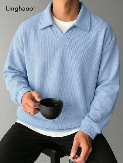 Sudadera de hombre de otoño con cuello vuelto, diseño de bolsillo en V profunda, unicolor simple, versátil y de moda