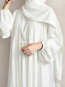 Hafizah 2pcs Set Gaun Wanita Elegan Warna Polos dan Jubah Lengan Lentera, Tidak Termasuk Jilbab - Putih - View 2