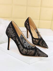 欧美风性感细高跟鞋，尖头网眼镂空蕾丝女士高跟鞋，女士派对鞋 - 黑色 - 查看 3