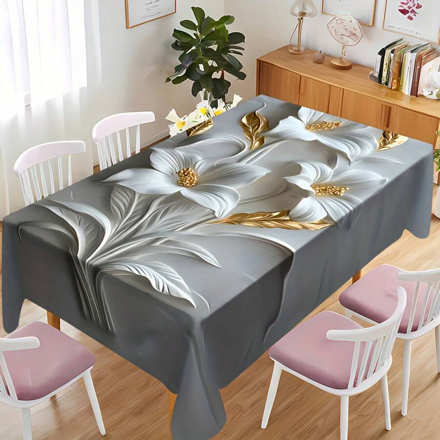 1pc Modern Elegant Tablecloth - Dark Grey Background With Golden Leaves & White Floral Pattern, Washable & Reusable Polyester Table Cover For Dining Table, Kitchen, Parties, Home Decor - Easy-Clean Decorative Tablecloth, Party Decoration, Sophisticated Print, Durable Material, Stylish Homemakers - Nhiều màu - Xem 1