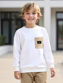 男童春秋季圆领卫衣和休闲口袋裤套装（2件套），白色上衣搭配运动裤，时尚装扮 - 卡其色 - 查看 6