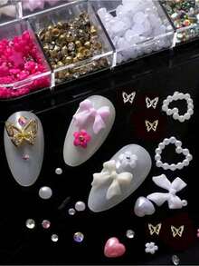Kit de Decoración de Uñas Y2K - Encantos de Mariposa 3D, Lazo y Corazón con Rhinestones, Perlas y Diamantes - Accesorios de Manicura Sin Aroma para Mujeres - Rosa - Ver 2